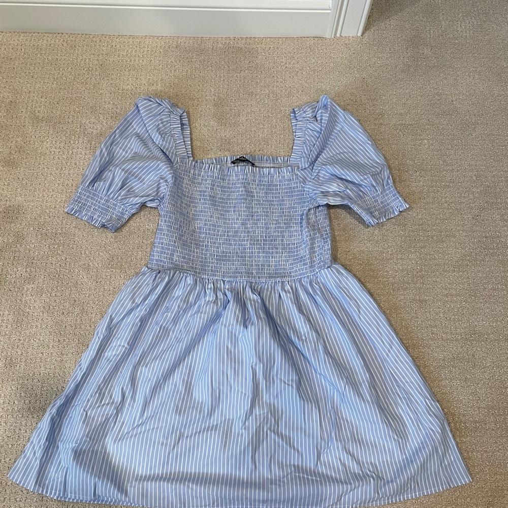 Lulus size M Blue Pinstripe Puff Sleeve Dress - Picture 2 of 4